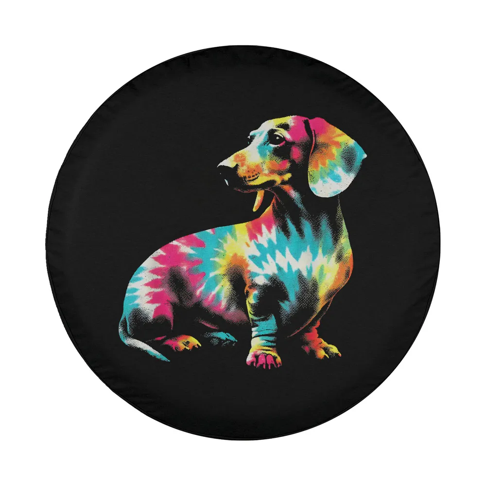 Colorful tie dye zigzag dachshund dog design on black background