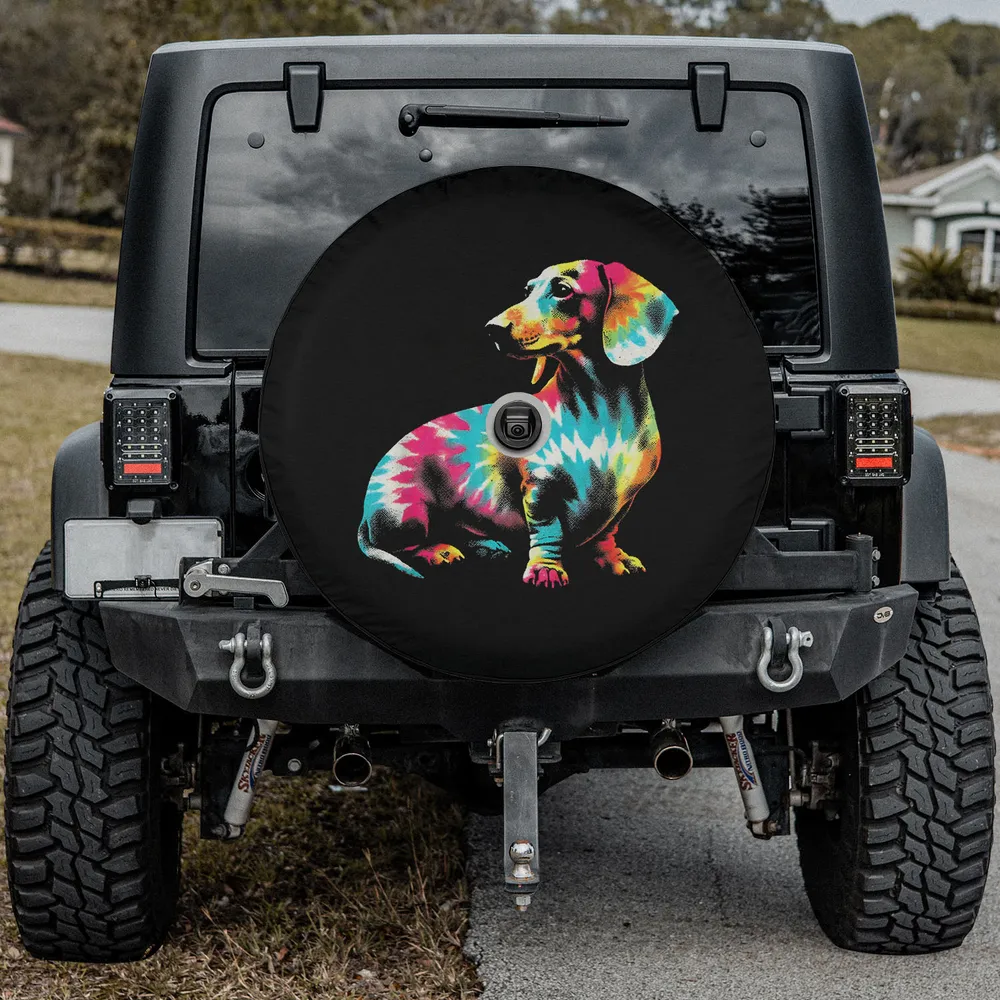 Tie dye zigzag dachshund dog spare tire cover with camera hole Jeep