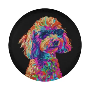 Colorful pop art toy poodle dog with sunglasses design for spare tire cover