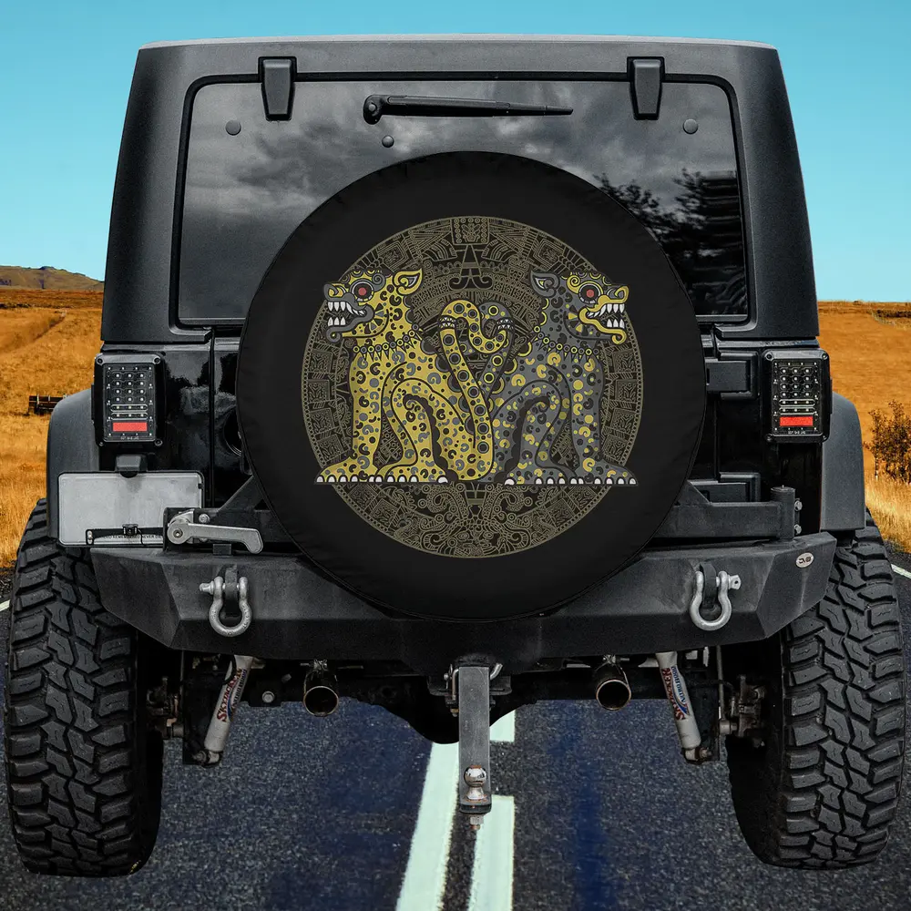 tribal sand cat aztec mandala spare tire cover on Jeep with no camera hole
