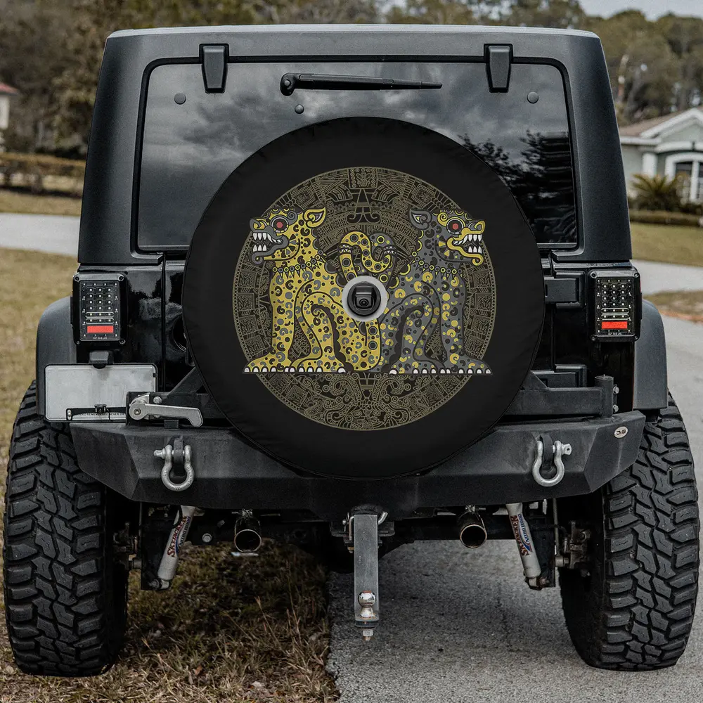 tribal sand cat aztec mandala spare tire cover with backup camera hole option