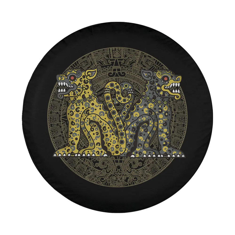 closeup tribal sand cat aztec mandala design for spare tire cover