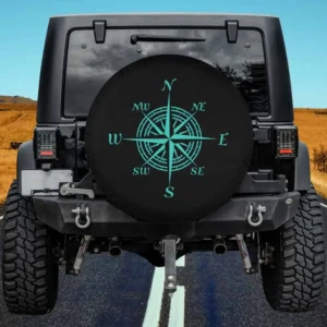 turquoise compass rose nautical sailing spare tire cover on Jeep, black background