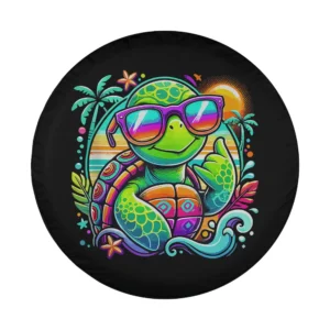 Cartoon turtle in sunglasses palm trees tropical surf beach design for spare tire cover