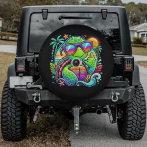Turtle with sunglasses and palm trees on tropical surf beach spare tire cover with camera hole