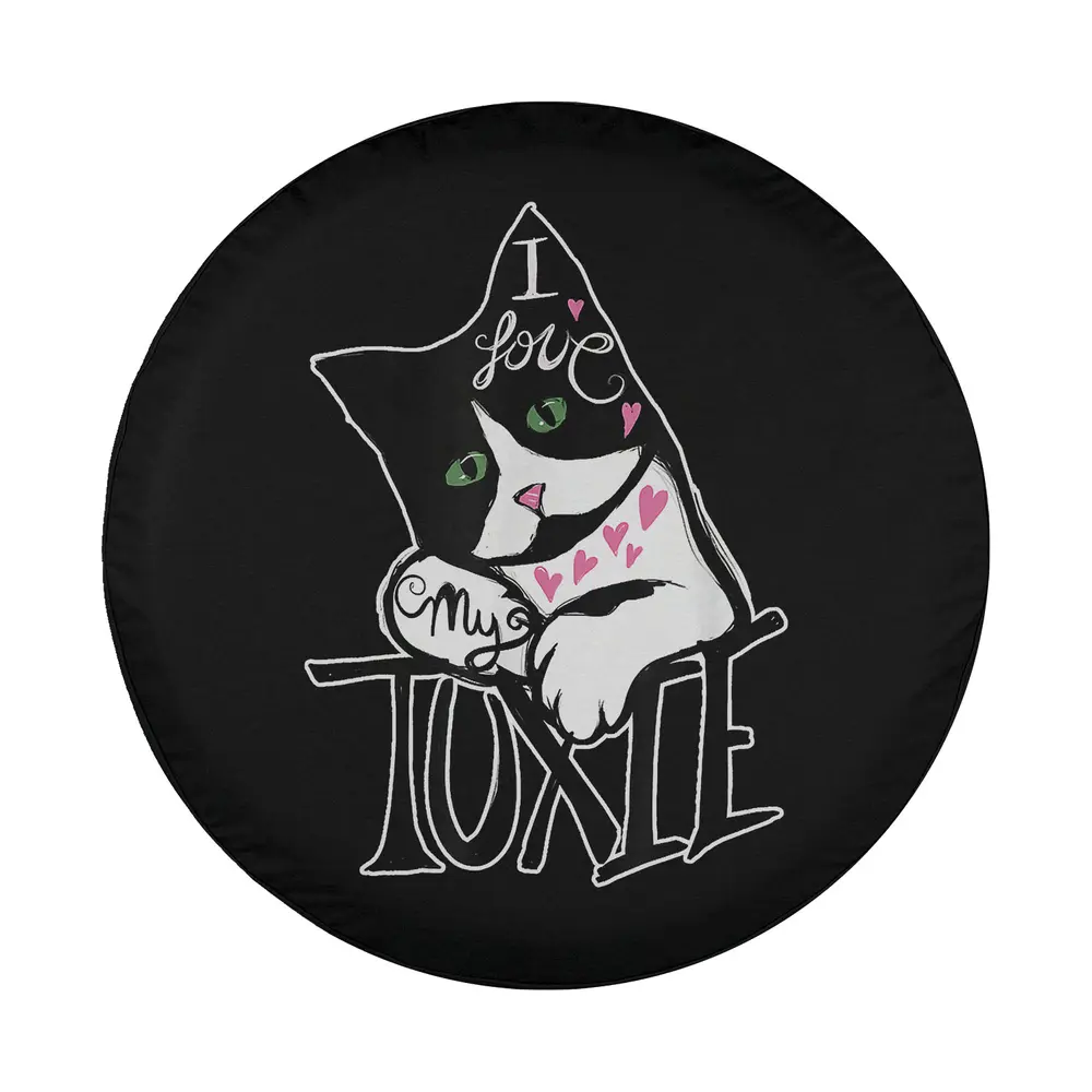chalk art tuxedo cat with pink hearts spare tire cover design only