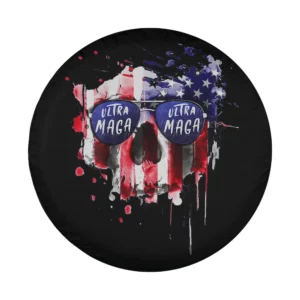 Close-up of Ultra MAGA patriotic skull graphic with American flag colors and sunglasses
