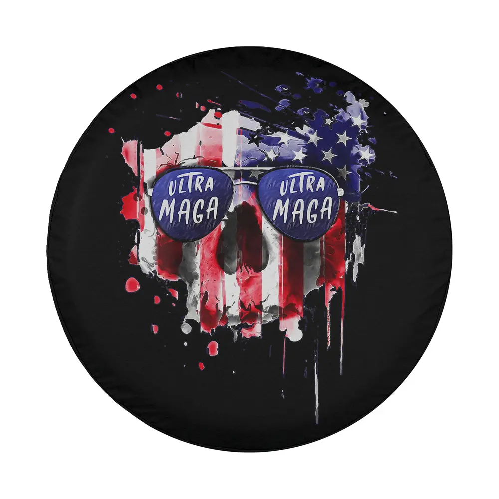Close-up of Ultra MAGA patriotic skull graphic with American flag colors and sunglasses