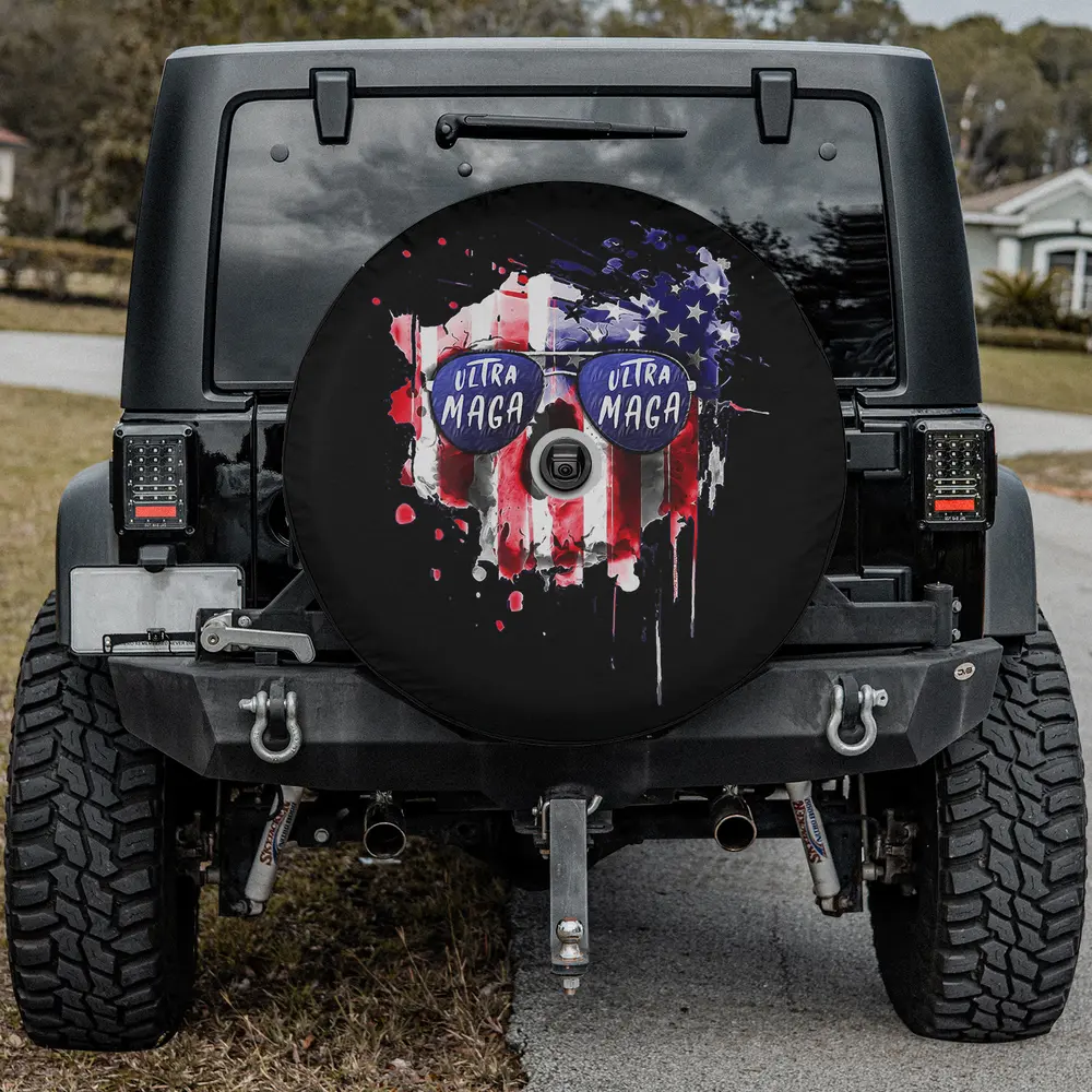 Ultra MAGA patriotic skull spare tire cover with backup camera hole