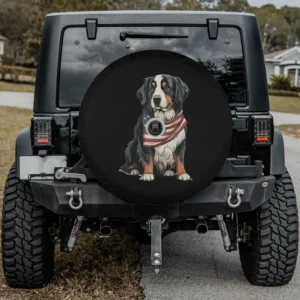 Spare tire cover with Bernese Mountain Dog and US flag bandana, backup camera hole option