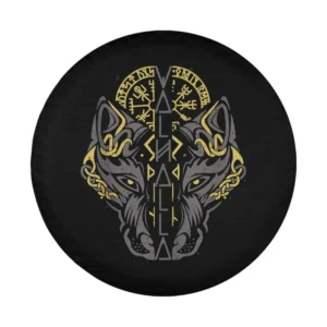 Valhalla wolf mask Odin runes Norse compass Viking design for spare tire cover