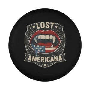 Design detail of vampire lips biting American flag in retro lost Americana badge for RV tire cover