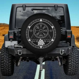 Jeep Cherokee spare tire cover with Vegvisir rune, Valknut, and Celtic compass Nordic symbols, no camera hole