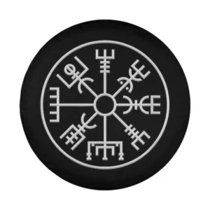 Closeup of Vegvisir Viking compass Nordic Norse symbol design on spare tire cover