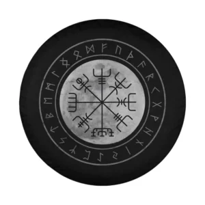 Closeup of Vegvisir Viking compass and Odin runes design for spare tire cover
