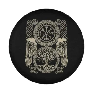 Nordic Vegvisir Viking Compass, ravens, and Yggdrasil knotwork design for spare tire cover