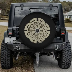 Spare tire cover with Vegvisir Viking compass and rune circle, backup camera hole option
