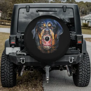 Rottweiler dog spare tire cover with camera hole, barking open mouth design