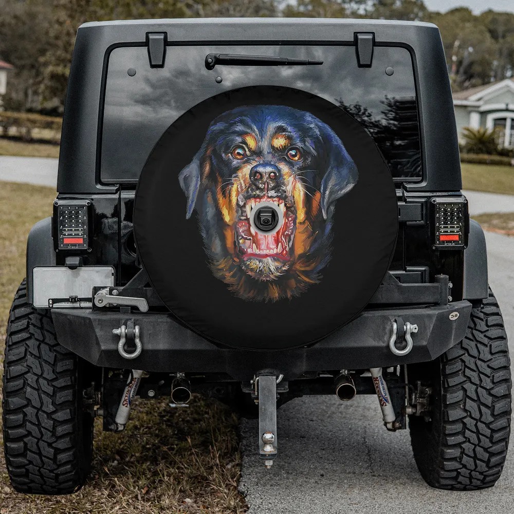 Rottweiler dog spare tire cover with camera hole, barking open mouth design