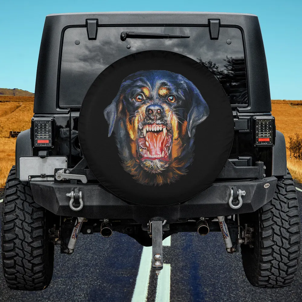 Vicious barking Rottweiler with open mouth dog spare tire cover on Jeep