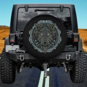 Viking Celtic Fenrir Wolf Norse Runes Spare Tire Cover on Land Rover Defender, no camera hole
