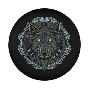 Viking Celtic Fenrir Wolf Norse Runes design closeup for spare tire cover