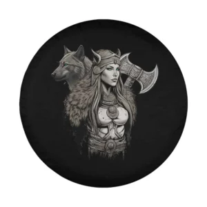 Hand-drawn Viking shield maiden wolf axe art for custom spare tire cover