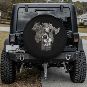 Viking shield maiden wolf axe spare tire cover with backup camera hole for Bronco Jeep
