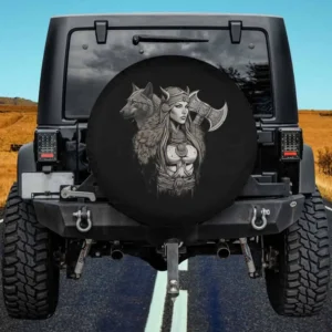 Viking shield maiden with wolf and axe spare tire cover for Ford Bronco Sport Jeep RV