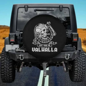 Viking skull with axe and Valhalla banner Norse trailer spare tire cover no camera hole