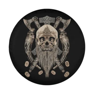Viking skull, crossed axes, Norse runes Halloween spare tire cover design