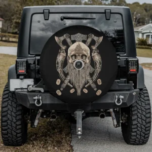 Viking skull with crossed axes and Norse runes spare tire cover with camera hole