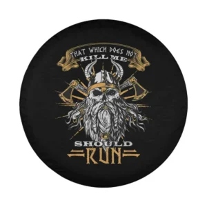 Design of Viking warrior with crossed axes and humorous quote for spare tire cover