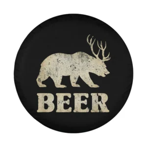 distressed bear with antlers beer text vintage funny tire cover art
