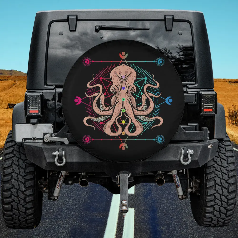 Vintage chakra mandala octopus geometric spare tire cover with no camera hole
