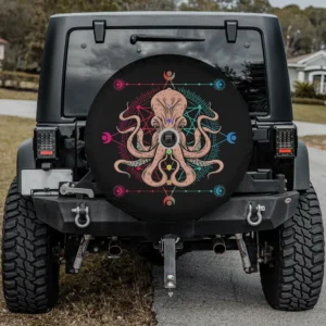 Vintage chakra mandala octopus geometric spare tire cover with backup camera hole