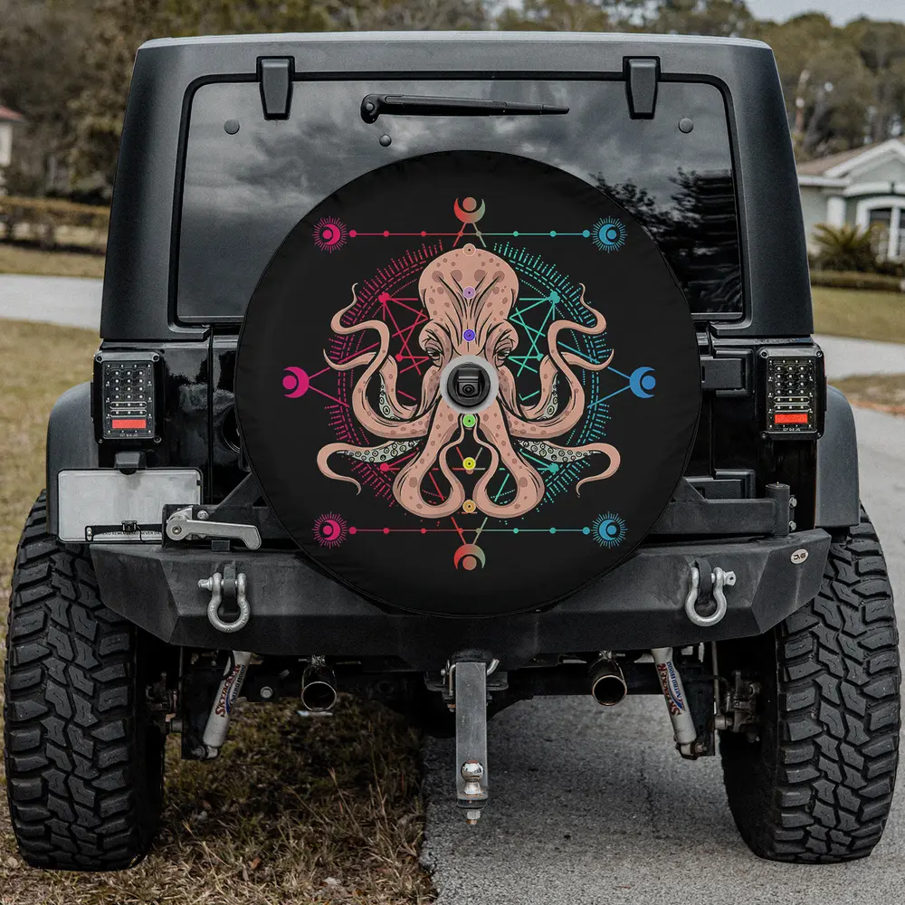 Vintage chakra mandala octopus geometric spare tire cover with backup camera hole