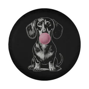 hand-drawn dachshund blowing pink bubble gum illustration