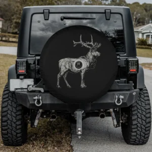 Spare tire cover with vintage deer sketch and antlers, monochrome, for backup camera