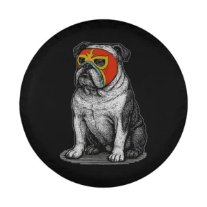 Hand-drawn English Bulldog with Lucha Libre mask vintage dog dad tire cover art