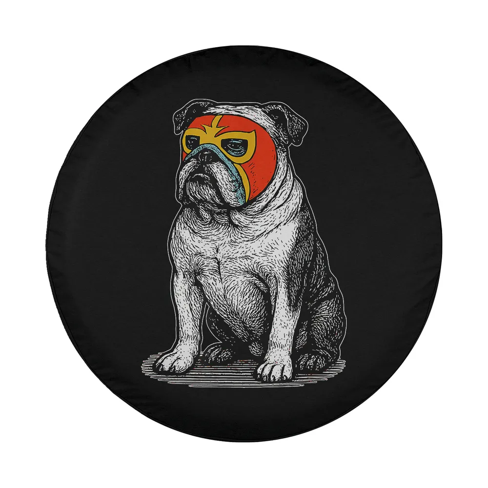 Hand-drawn English Bulldog with Lucha Libre mask vintage dog dad tire cover art
