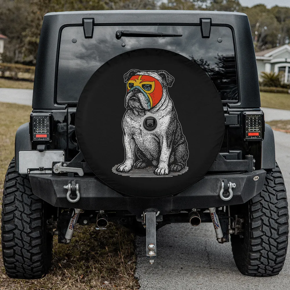 Vintage English Bulldog Luchador Mask Dog Dad spare tire cover with camera hole