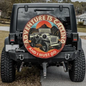 Vintage jeep mountain sunset adventure is calling spare tire cover with camera hole