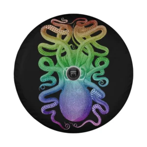 Hand-drawn vintage kraken rainbow octopus illustration for spare tire cover design