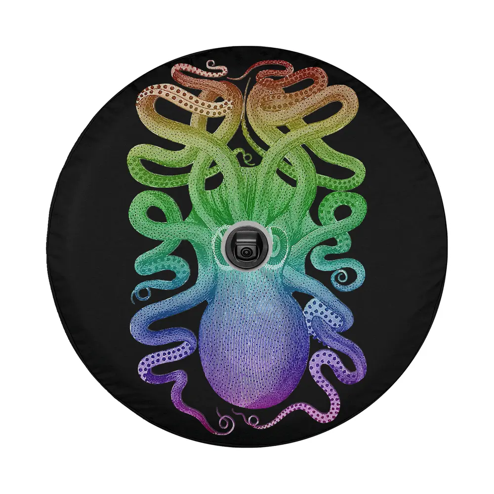 Hand-drawn vintage kraken rainbow octopus illustration for spare tire cover design