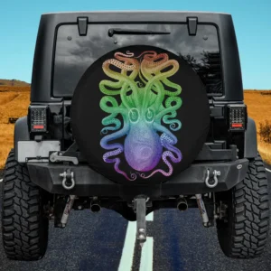 Vintage kraken rainbow octopus hand-drawn spare tire cover with no camera hole on Jeep