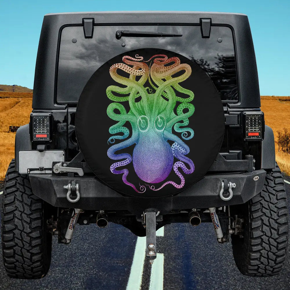Vintage kraken rainbow octopus hand-drawn spare tire cover with no camera hole on Jeep