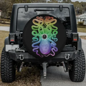 Vintage kraken rainbow octopus hand-drawn spare tire cover with camera hole for SUV or RV