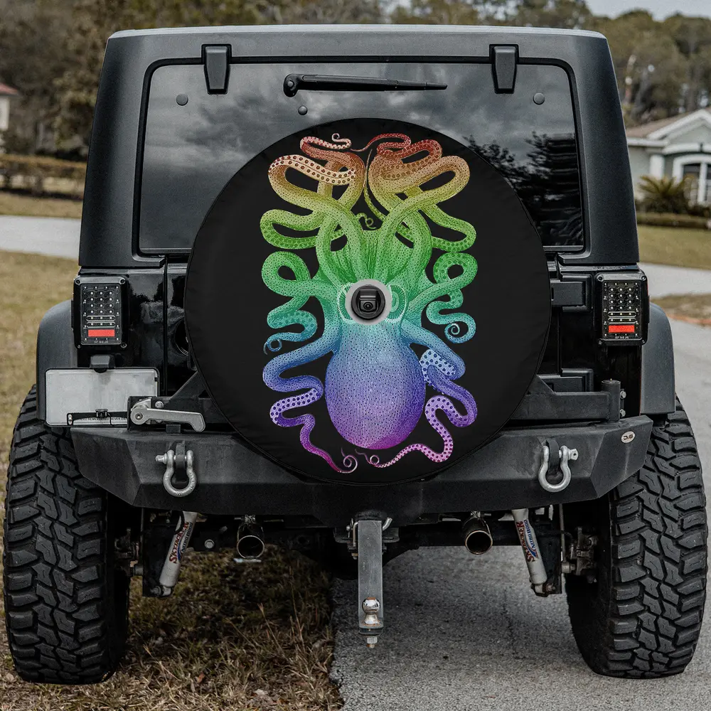 Vintage kraken rainbow octopus hand-drawn spare tire cover with camera hole for SUV or RV