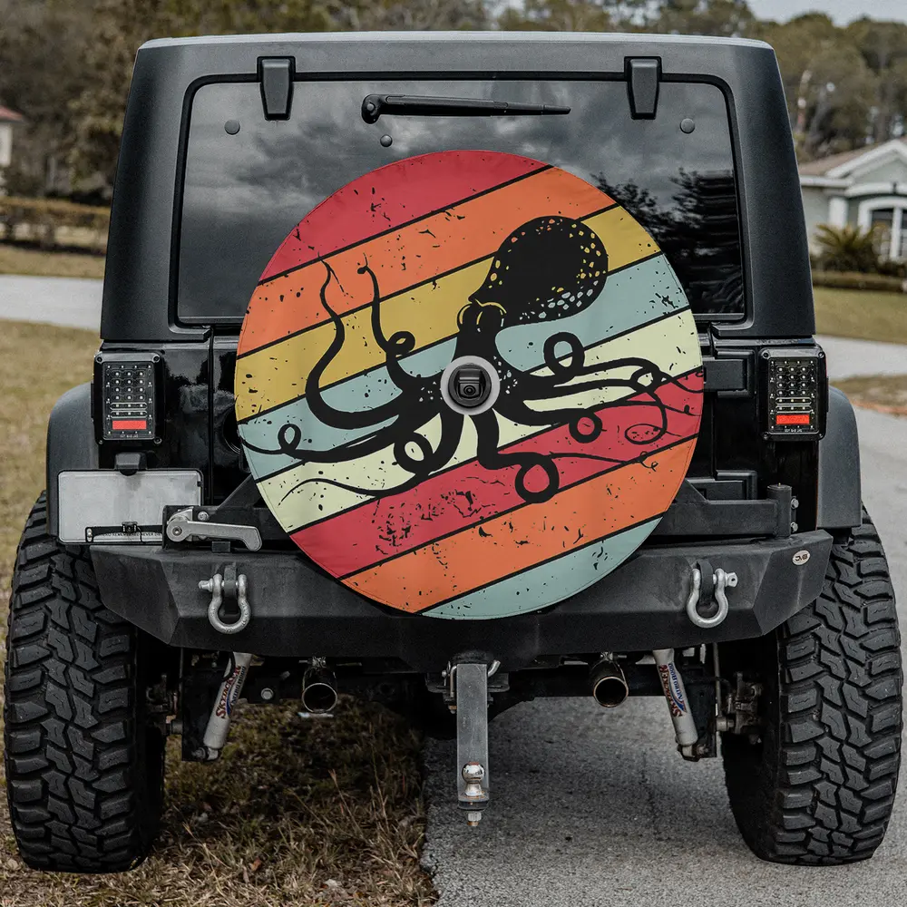 vintage retro stripes octopus silhouette spare tire cover with camera hole